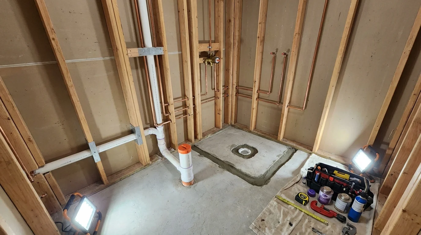 Bathroom rough-in plumbing during remodel by Johns Plumbing LLC in Lakeland
