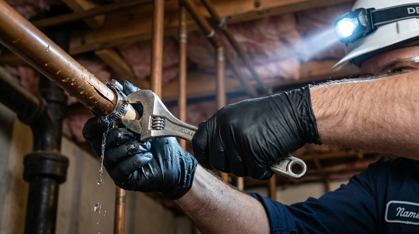 Emergency pipe clamp repair being performed by a Johns Plumbing LLC plumber in Lakeland