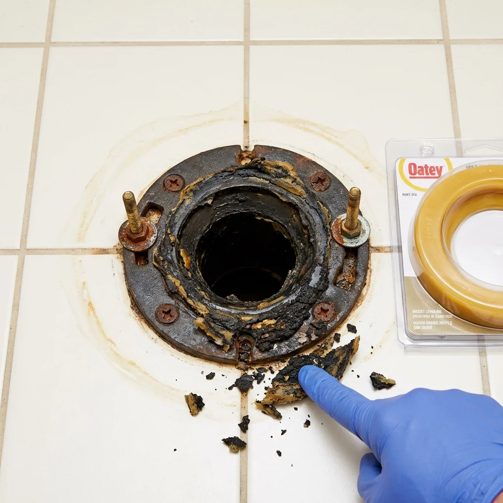 Failed wax ring showing water seepage at the base of a toilet in a Lakeland, GA home