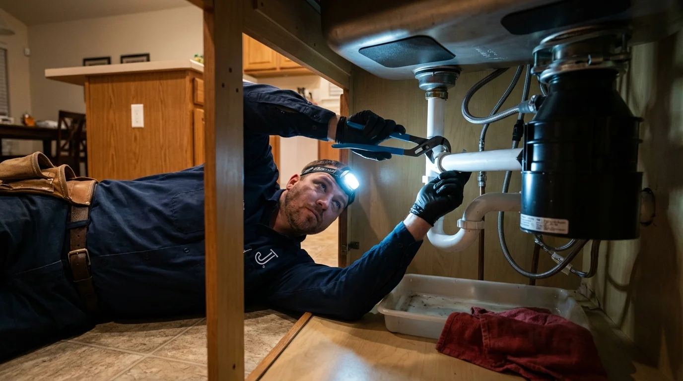 P-trap and supply line connections under a kitchen sink showing a common leak point in Lakeland, GA